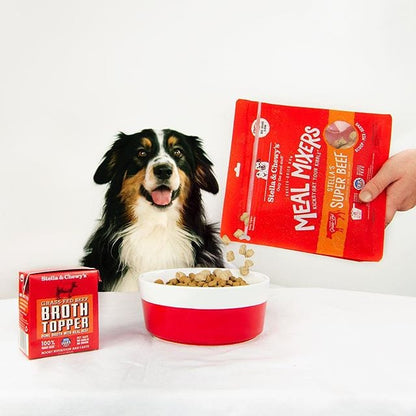 dog about to eat Stella’s Super Beef Meal Mixers