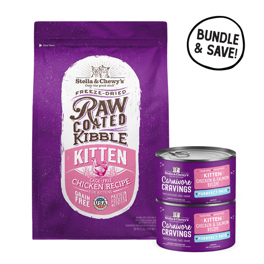 Stella & Chewy's Grain Free Raw Coated Cage-Free Chicken Kibble and Carnivore Cravings Chicken & Salmon Purrfect Pate canned food Bundle & Save! Wet food for Kittens and dry kitten food