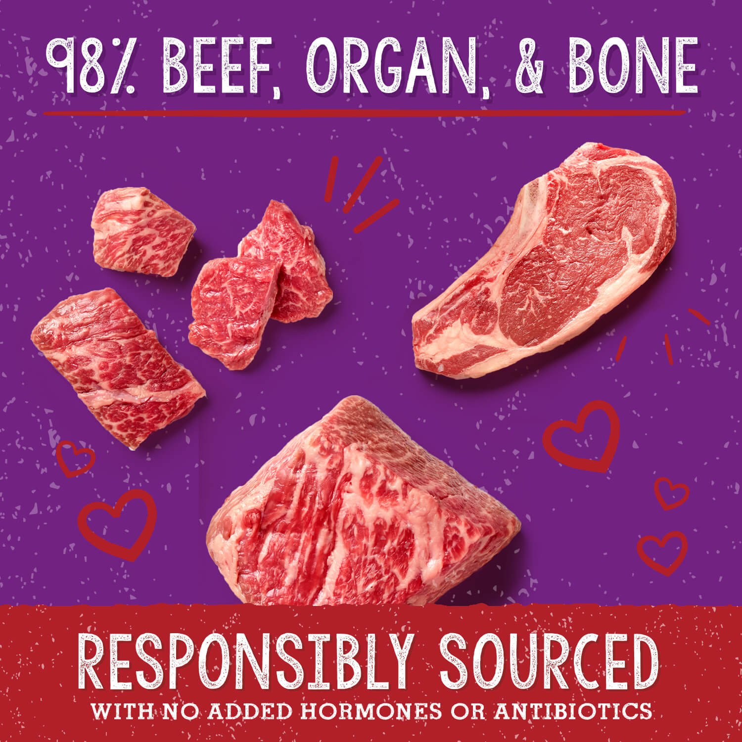 98% BEEF, ORGAN, & BONE | RESPONSIBLY SOURCED | WITH NO ADDED HORMONES OR ANTIBIOTICS