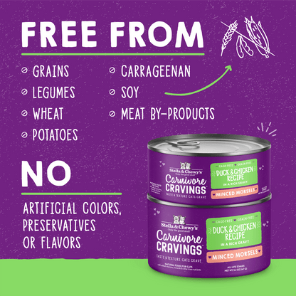 FREE FROM GRAINS, LEGUMES, WHEAT, POTATOES, CARRAGEENAN, SOY, MEAT BY-PRODUCTS | NO ARTIFICIAL COLORS, PRESERVATIVES, OR FLAVORS