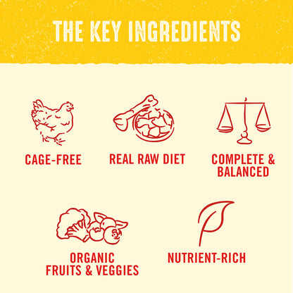 THE KEY INGREDIENTS | CAGE-FREE | REAL RAW DIET | COMPLETE & BALANCED | ORGANIC FRUITS & VEGGIES | NUTRIENT-RICH