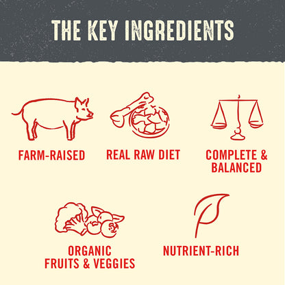 THE KEY INGREDIENTS | FARM-RAISED | REAL RAW DIET | COMPLETE & BALANCED | ORGANIC FRUITS & VEGGIES | NUTRIENT-RICH