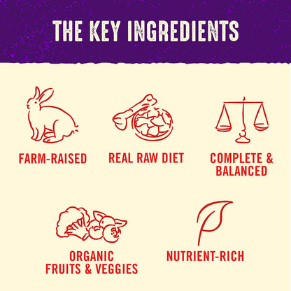 THE KEY INGREDIENTS | FARM-RAISED | REAL RAW DIET | COMPLETE & BALANCED | ORGANIC FRUITS & VEGGIES | NUTRIENT-RICH