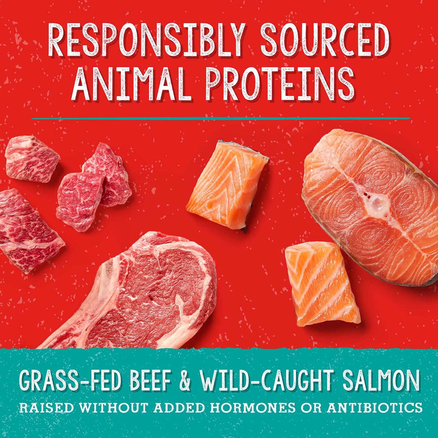 RESPONSIBLY SOURCED ANIMAL PROTEINS | GRASS-FED BEEF & WILD-CAUGHT SALMON | RAISED WITHOUT ADDED HORMONES OR ANTIBIOTICS