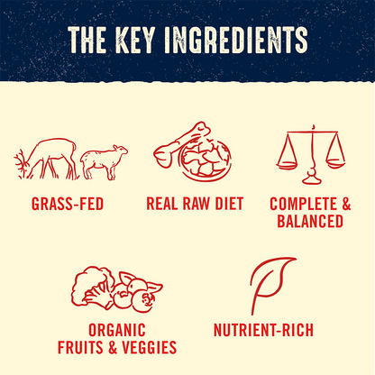 THE KEY INGREDIENTS | GRASS-FED | REAL RAW DIET | COMPLETE & BALANCED | ORGANIC FRUITS & VEGGIES | NUTRIENT-RICH