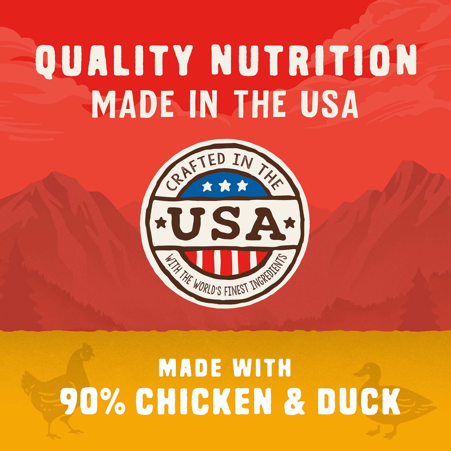 QUALITY NUTRITION MADE IN THE USA | CRAFTED IN THE USA WITH THE WORLD'S FINEST INGREDIENTS | MADE WITH 90% CHICKEN & DUCK