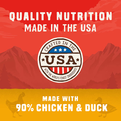 QUALITY NUTRITION MADE IN THE USA | CRAFTED IN THE USA WITH THE WORLD'S FINEST INGREDIENTS | MADE WITH 90% CHICKEN & DUCK