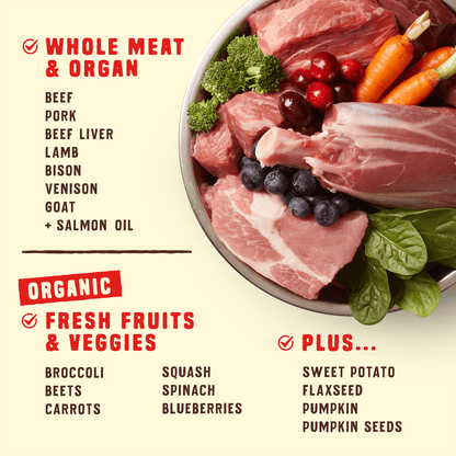 WHOLE MEAT & ORGAN | BEEF | PORK | BEEF LIVER | LAMB | BISON | VENISON | GOAT + SALMON OIL | ORGANIC FRESH FRUITS & VEGGIES | BROCCOLI | BEETS | CARROTS | SQUASH | SPINACH | BLUEBERRIES | PLUS... | SWEET POTATO | FLAXSEED | PUMPKIN | PUMPKIN SEEDS