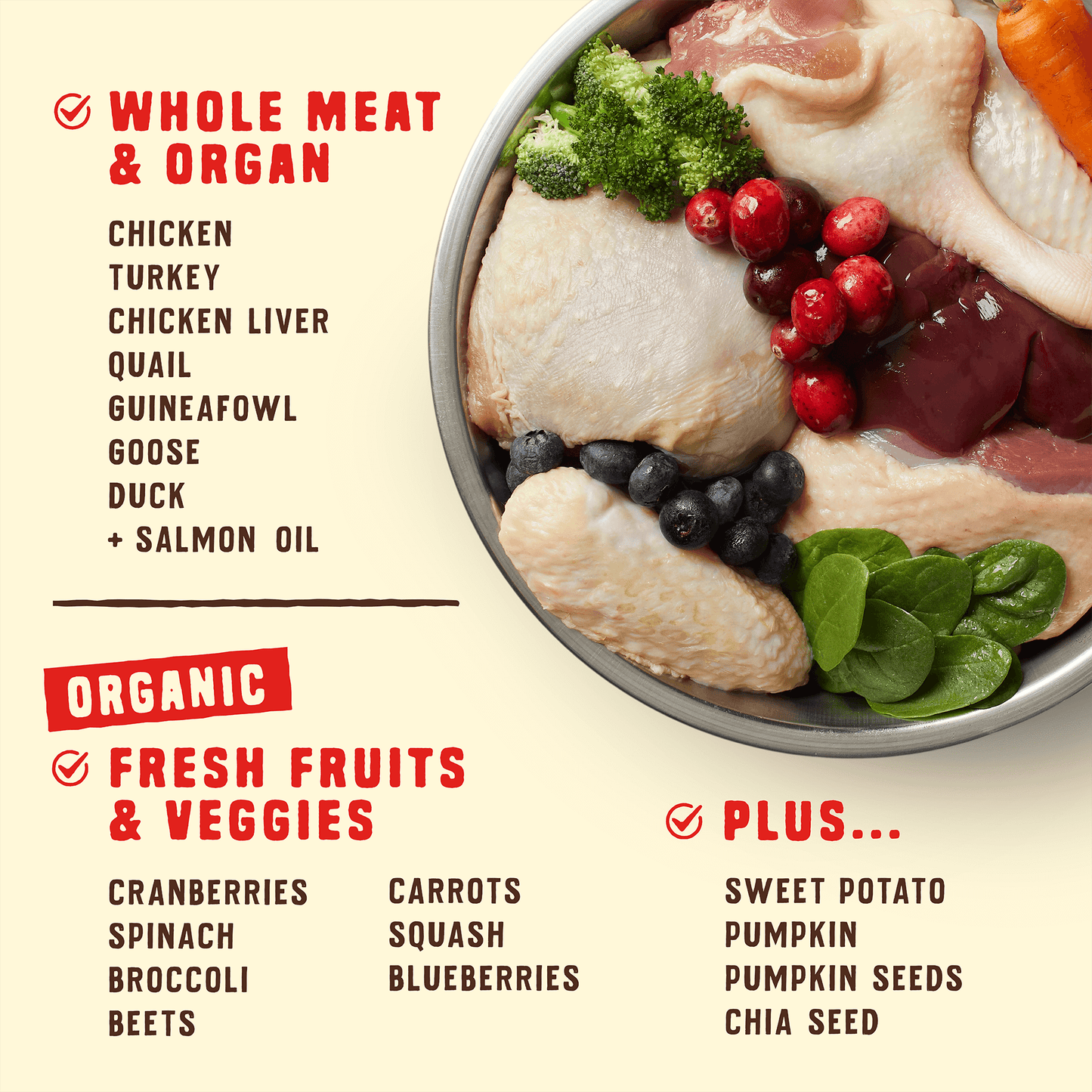 WHOLE MEAT & ORGAN | CHICKEN | TURKEY | CHICKEN LIVER | QUAIL | GUINEAFOWL | GOOSE | DUCK | + SALMON OIL | ORGANIC | FRESH FRUITS & VEGGIES | CRANBERRIES | SPINACH | BROCCOLI | BEETS | CARROTS | SQUASH | BLUEBERRIES | PLUS... | SWEET POTATO | PUMPKIN | PUMPKIN SEEDS | CHIA SEED