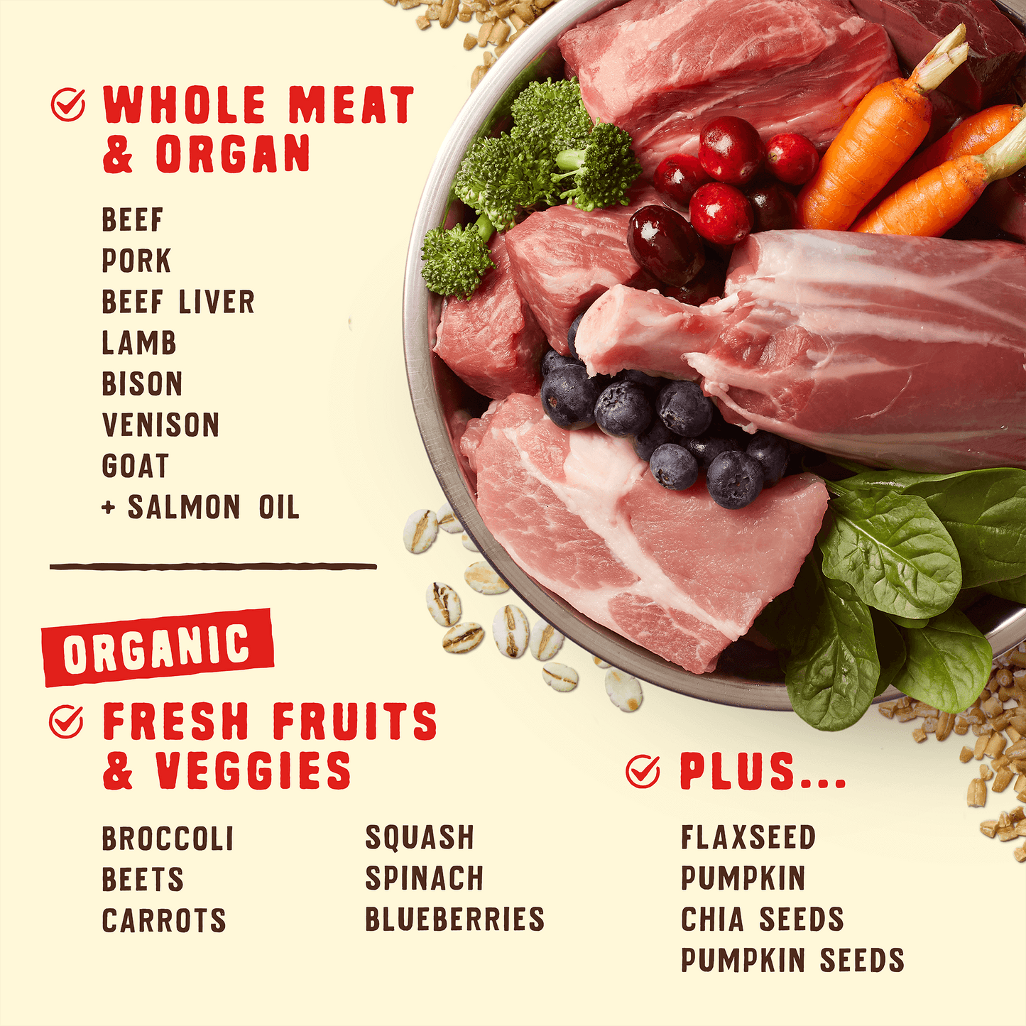 WHOLE MEAT & ORGAN | BEEF | PORK | BEEF LIVER | LAMB | BISON | VENISON | GOAT | + SALMON OIL | ORGANIC | FRESH FRUITS & VEGGIES | BROCCOLI | BEETS | CARROTS | SQUASH | SPINACH | BLUEBERRIES | PLUS... | FLAXSEED | PUMPKIN | CHIA SEEDS | PUMPKIN SEEDS