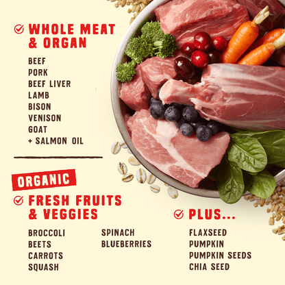 WHOLE MEAT & ORGAN | BEEF | PORK | BEEF LIVER | LAMB | BISON | VENISON | GOAT | + SALMON OIL | ORGANIC FRESH FRUITS & VEGGIES | BROCCOLI | BEETS | CARROTS | SQUASH | SPINACH | BLUEBERRIES | PLUS... | FLAXSEED | PUMPKIN | PUMPKIN SEEDS | CHIA SEED