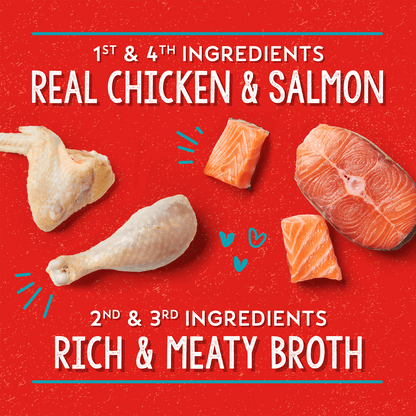 1ST & 4TH INGREDIENTS | REAL CHICKEN & SALMON | 2ND & 3RD INGREDIENTS | RICH & MEATY BROTH