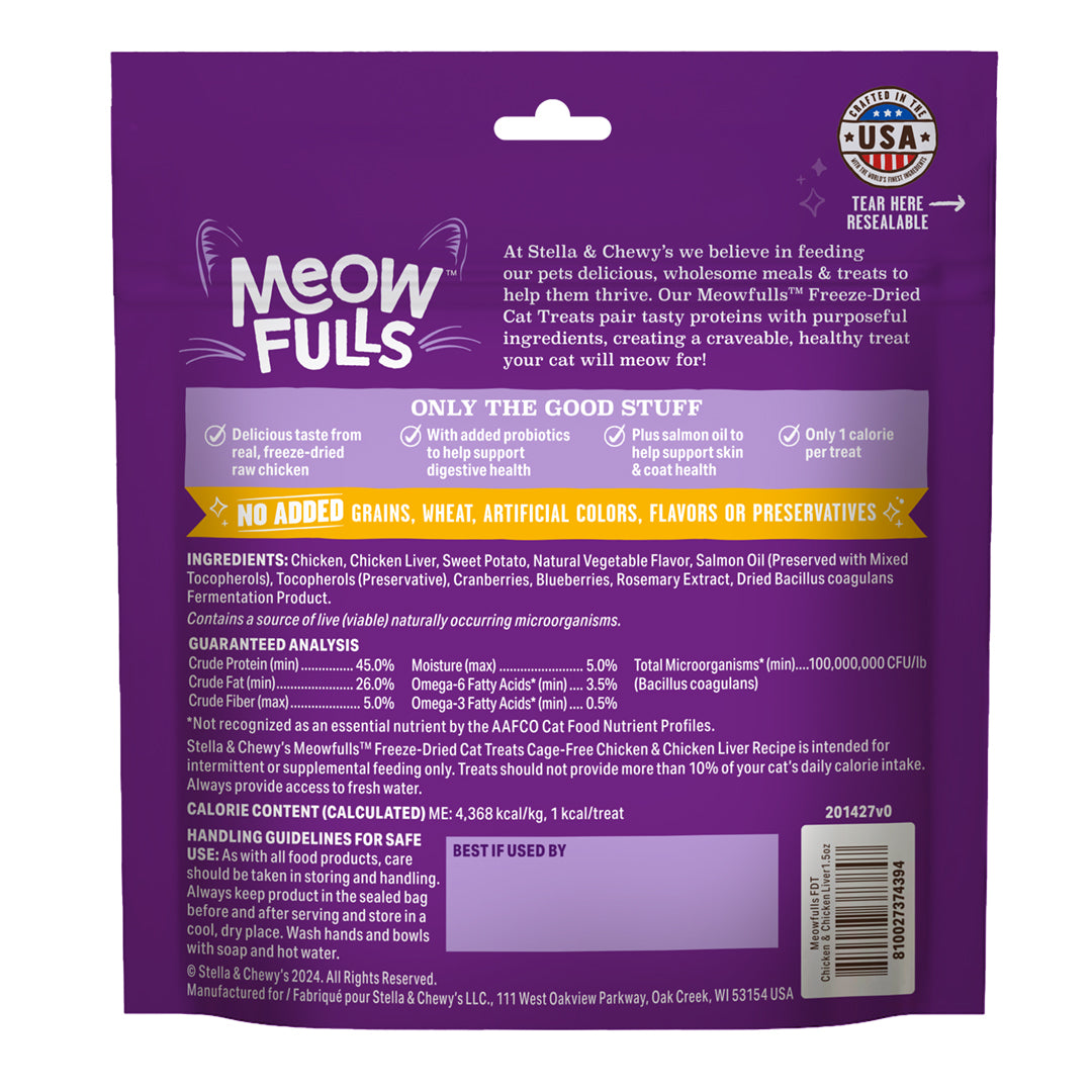 Meowfulls Freeze-Dried Raw Cat Treats Chicken & Chicken Liver Recipe Packaging Back