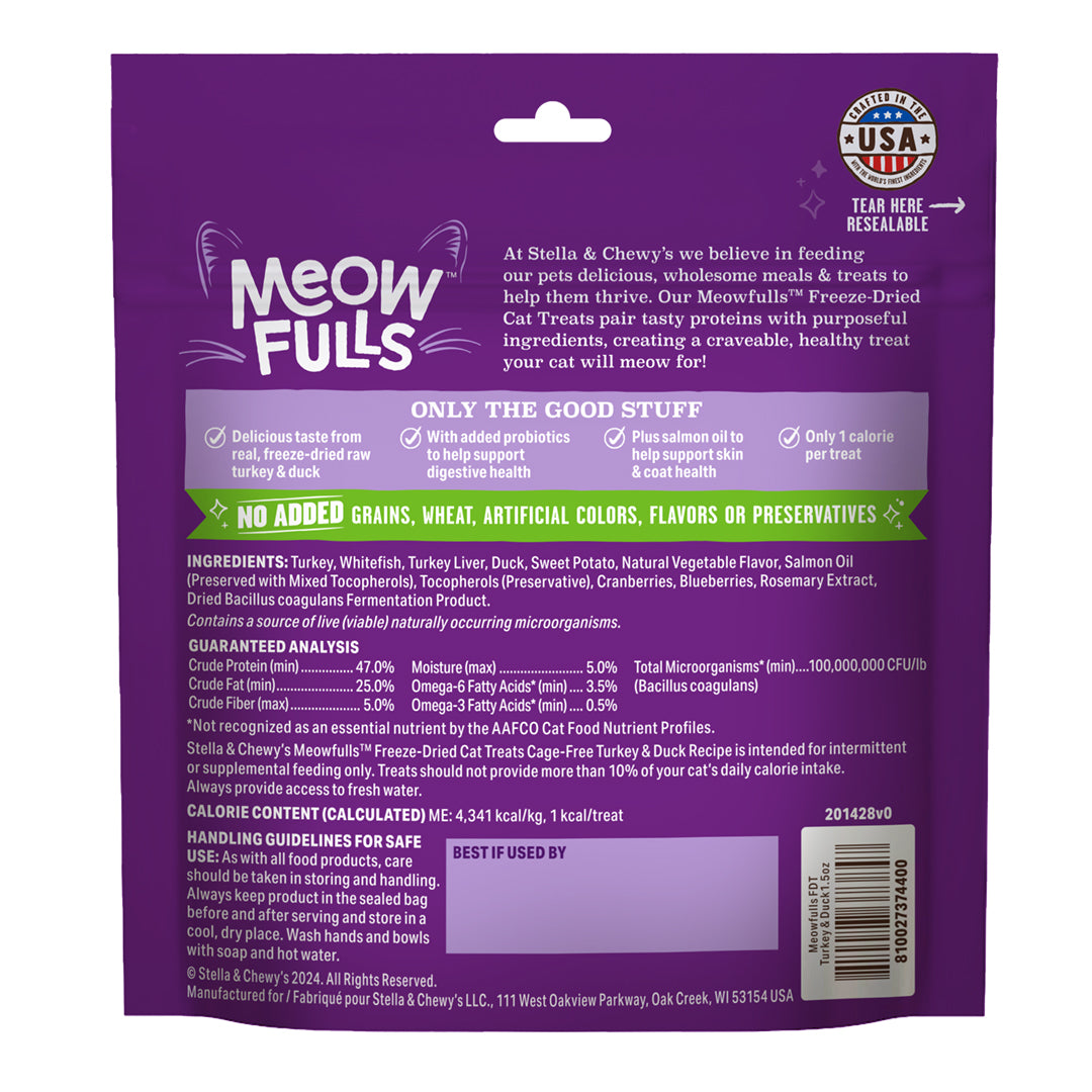 Meowfulls Freeze-Dried Raw Cat Treats Turkey & Duck Recipe Packaging Back