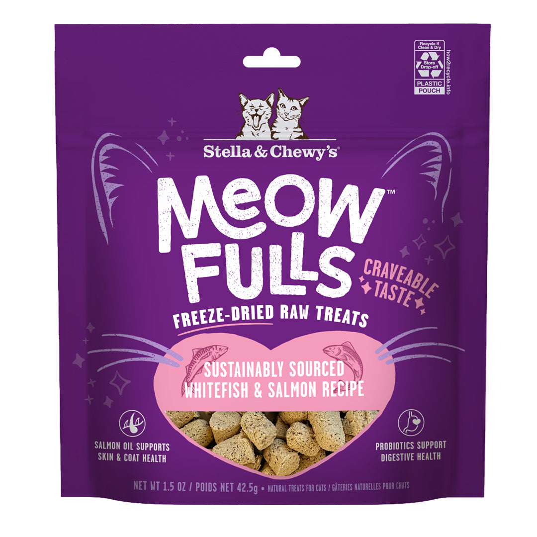 Meowfulls Freeze-Dried Raw Cat Treats Whitefish & Salmon Recipe Packaging Front