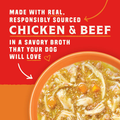 MADE WITH REAL, RESPONSIBLY SOURCED CHICKEN & BEEF | IN A SAVORY BROTH THAT YOUR DOG WILL LOVE