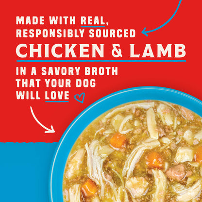 MADE WITH REAL, RESPONSIBLY SOURCED CHICKEN & LAMB | IN A SAVORY BROTH THAT YOUR DOG WILL LOVE