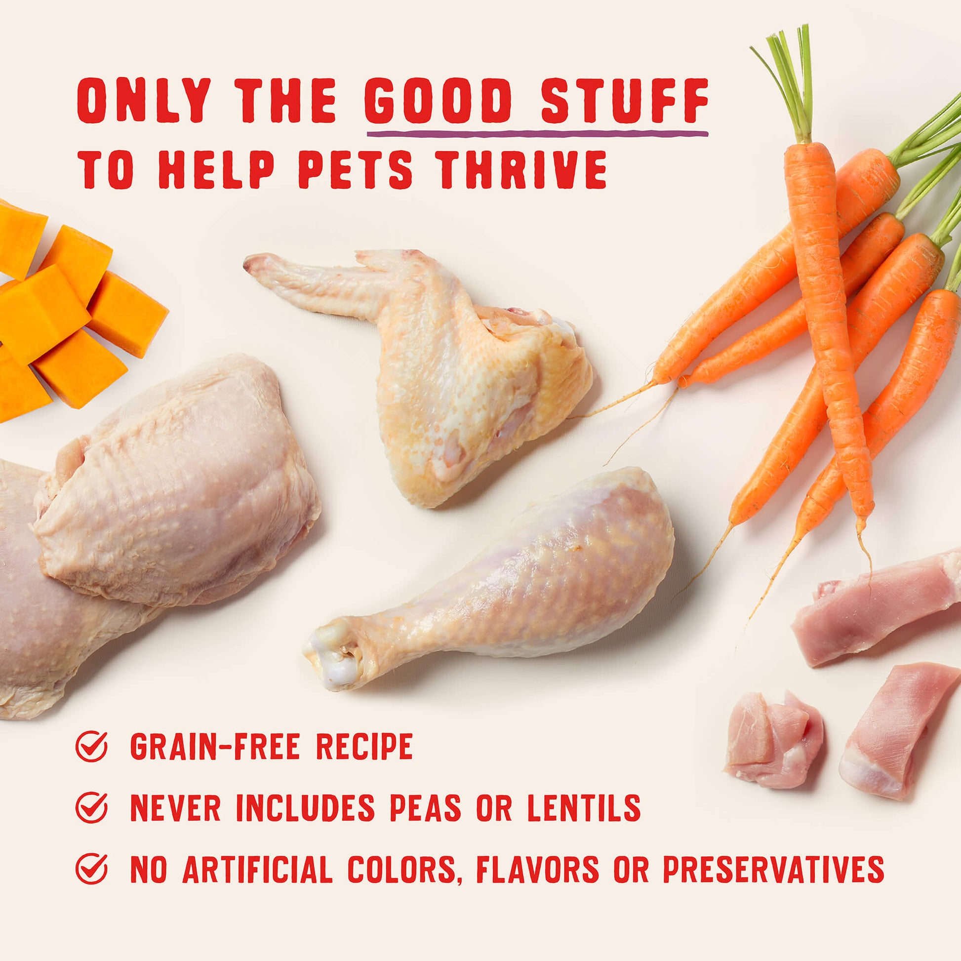 ONLY THE GOOD STUFF TO HELP PETS THRIVE | GRAIN-FREE RECIPE | NEVER INCLUDES PEAS OR LENTILS | NO ARTIFICIAL COLORS, FLAVORS OR PRESERVATIVES