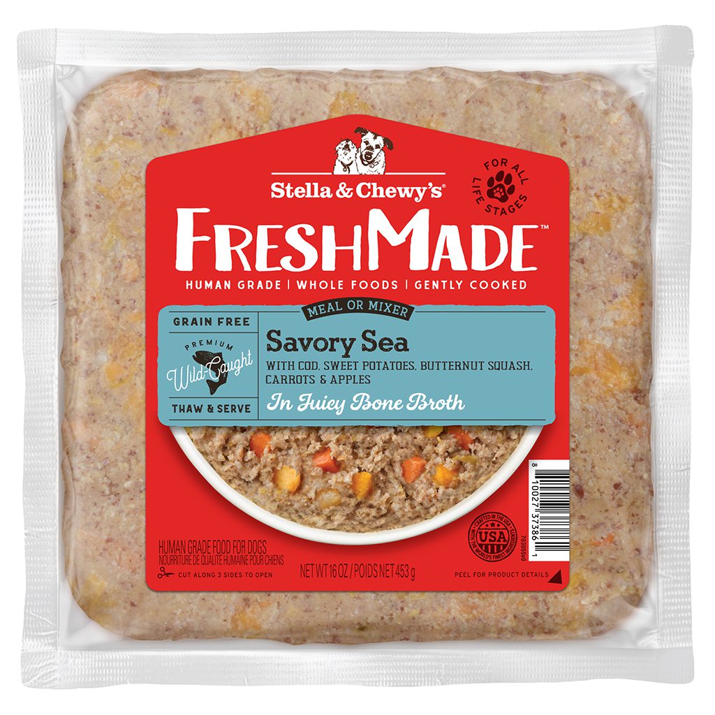 FreshMade Grain-Free Premium Wild-Caught Savory Sea Recipe with Cod, Sweet Potatoes, Butternut Squash, Carrots & Apples in a juicy bone broth | Gently Cooked Dog Food | Packaging Front