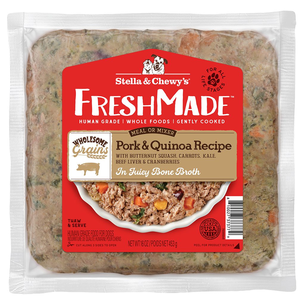 FreshMade Wholesome Grians Pork & Quinoa Recipe with Butternut Squash, Carrots, Kale, Beef Liver & Cranberries in a juicy bone broth | Packaging Front