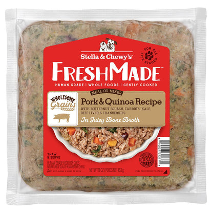 FreshMade Wholesome Grians Pork & Quinoa Recipe with Butternut Squash, Carrots, Kale, Beef Liver & Cranberries in a juicy bone broth | Packaging Front