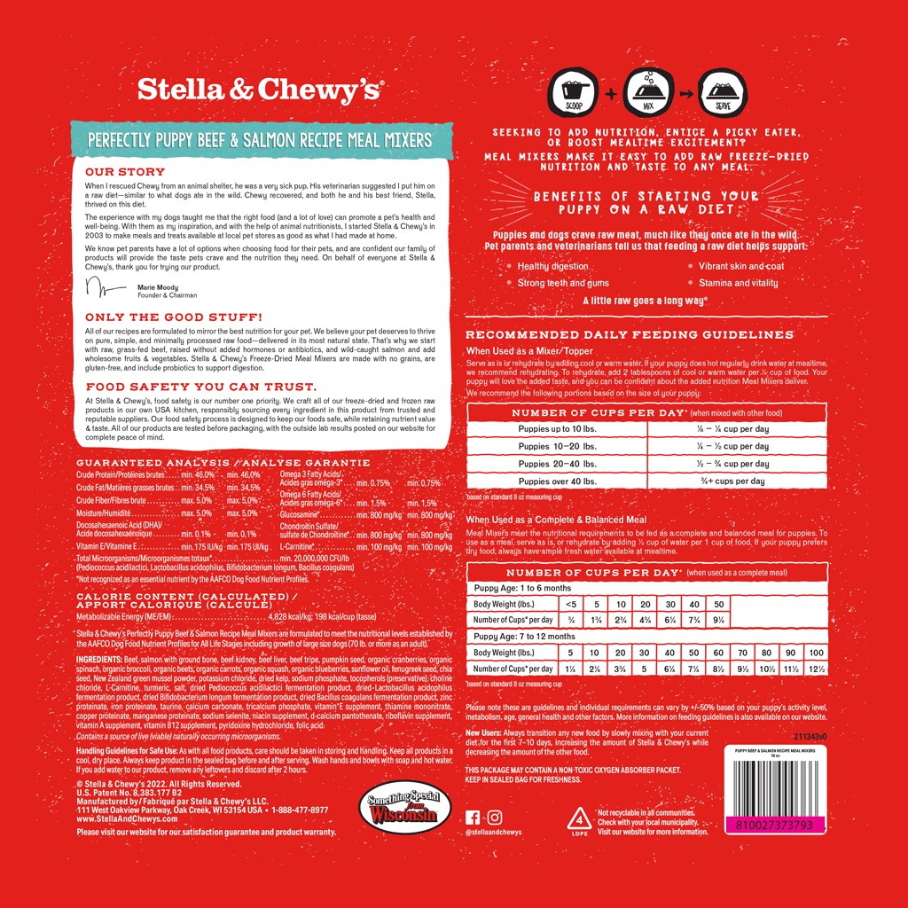 Freeze-Dried Raw Meal Mixers Perfectly Puppy Beef & Salmon Recipe Packaging Back