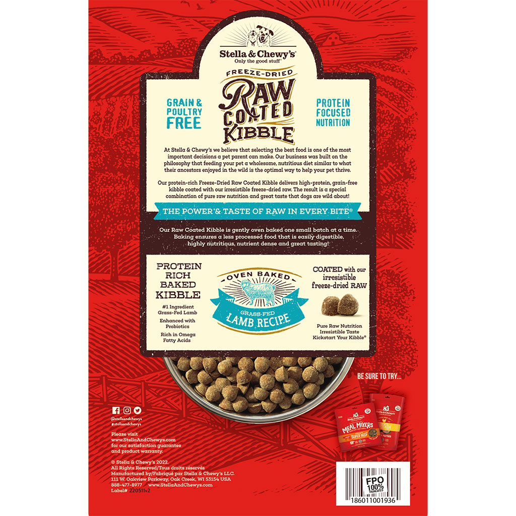 Stella & Chewy's Raw Coated Kibble Grass-Fed Lamb Recipe Packaging Back