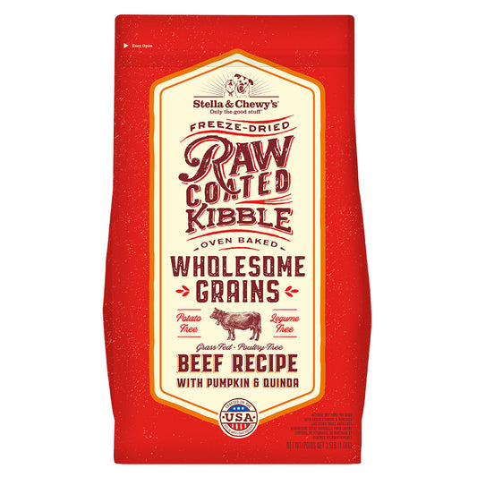 Stella & Chewy's Raw Coated Kibble Oven Baked Wholesome Grains Grass-Fed Beef with Pumpkin & Quinoa Recipe Packaging Front