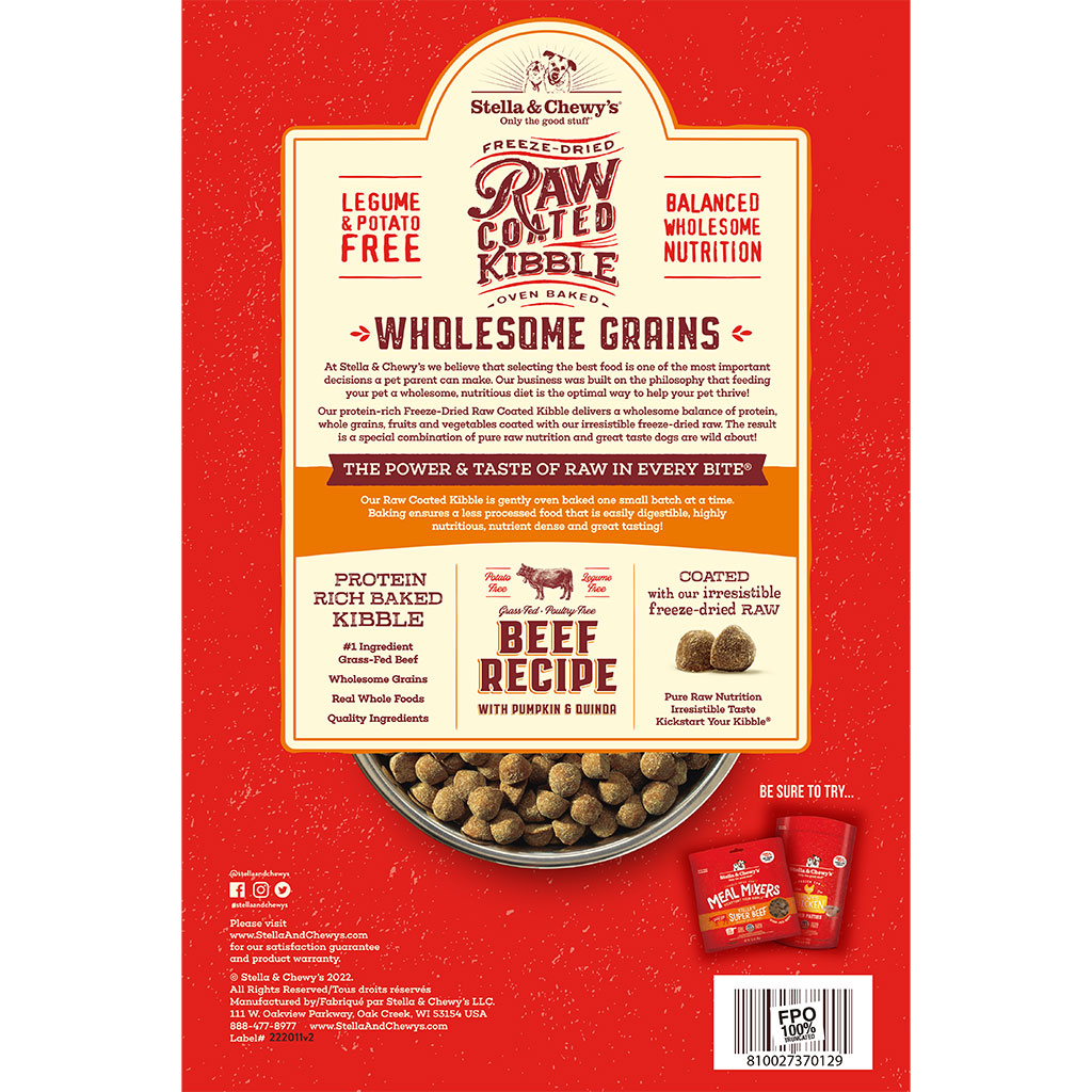 Stella & Chewy's Raw Coated Kibble Oven Baked Wholesome Grains Grass-Fed Beef with Pumpkin & Quinoa Recipe Packaging Back