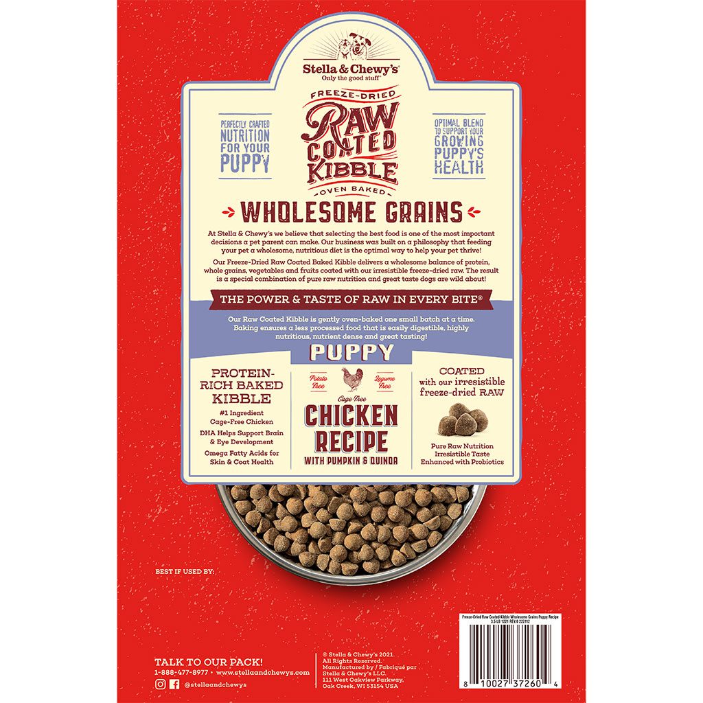 Stella & Chewy's Freeze-Dried Raw Coated Kibble Oven Baked Wholesome Grains Puppy Kibble Chicken Recipe with Pumpkin & Quinoa Packaging Back