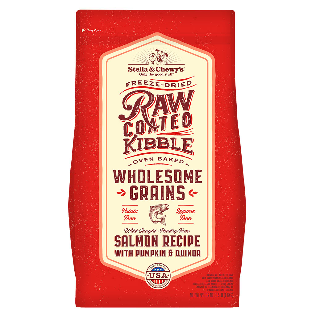 Stella & Chewy's Raw Coated Kibble Oven Baked Wholesome Grains Wild Caught Salmon Recipe with Pumpkin & Quinoa Packaging Front