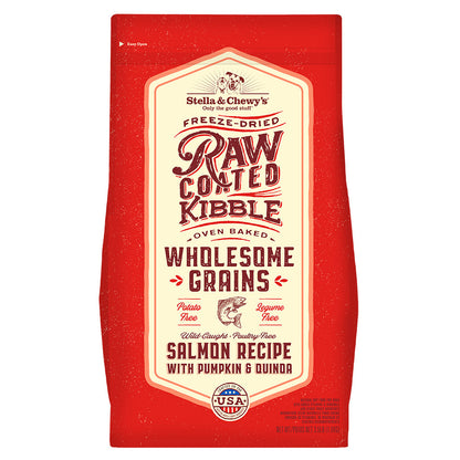 Stella & Chewy's Raw Coated Kibble Oven Baked Wholesome Grains Wild Caught Salmon Recipe with Pumpkin & Quinoa Packaging Front