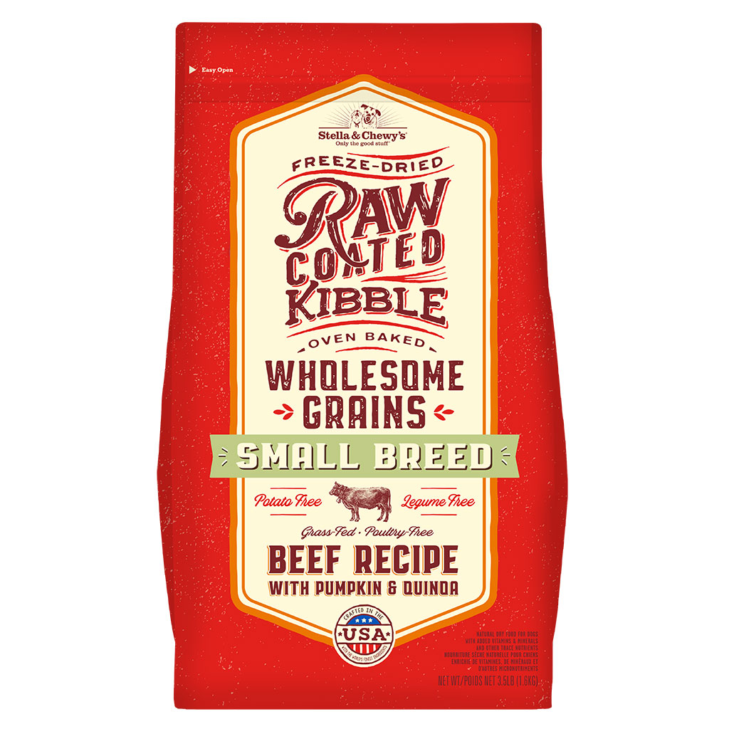 Stella & Chewy's Raw Coated Kibble Oven Baked Wholesome Grains Small Breed Grass-Fed Beef Recipe with Pumpkin & Quinoa Packaging Front