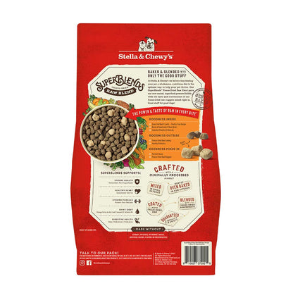 Stella & Chewy's SuperBlends Freeze-Dried Raw Blend Oven Baked Kibble | Grass-Fed Beef, Beef Liver & Lamb Recipe with Superfoods | Dry Dog Food With Wholesome Grains | Packaging Back