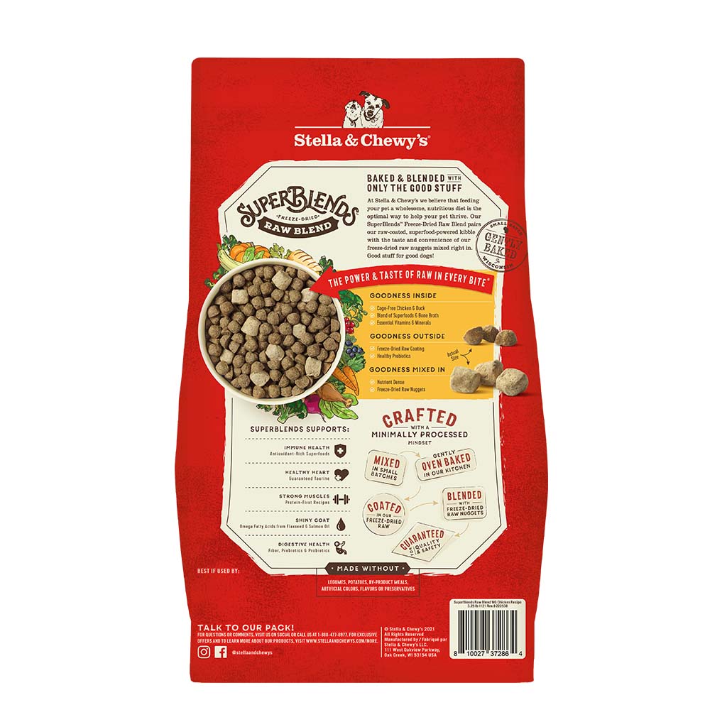 Stella & Chewy's SuperBlends Freeze-Dried Raw Blend Oven Baked Kibble | Cage-Free Chicken & Duck Recipe with Superfoods | Dry Dog Food With Wholesome Grains | Packaging Back