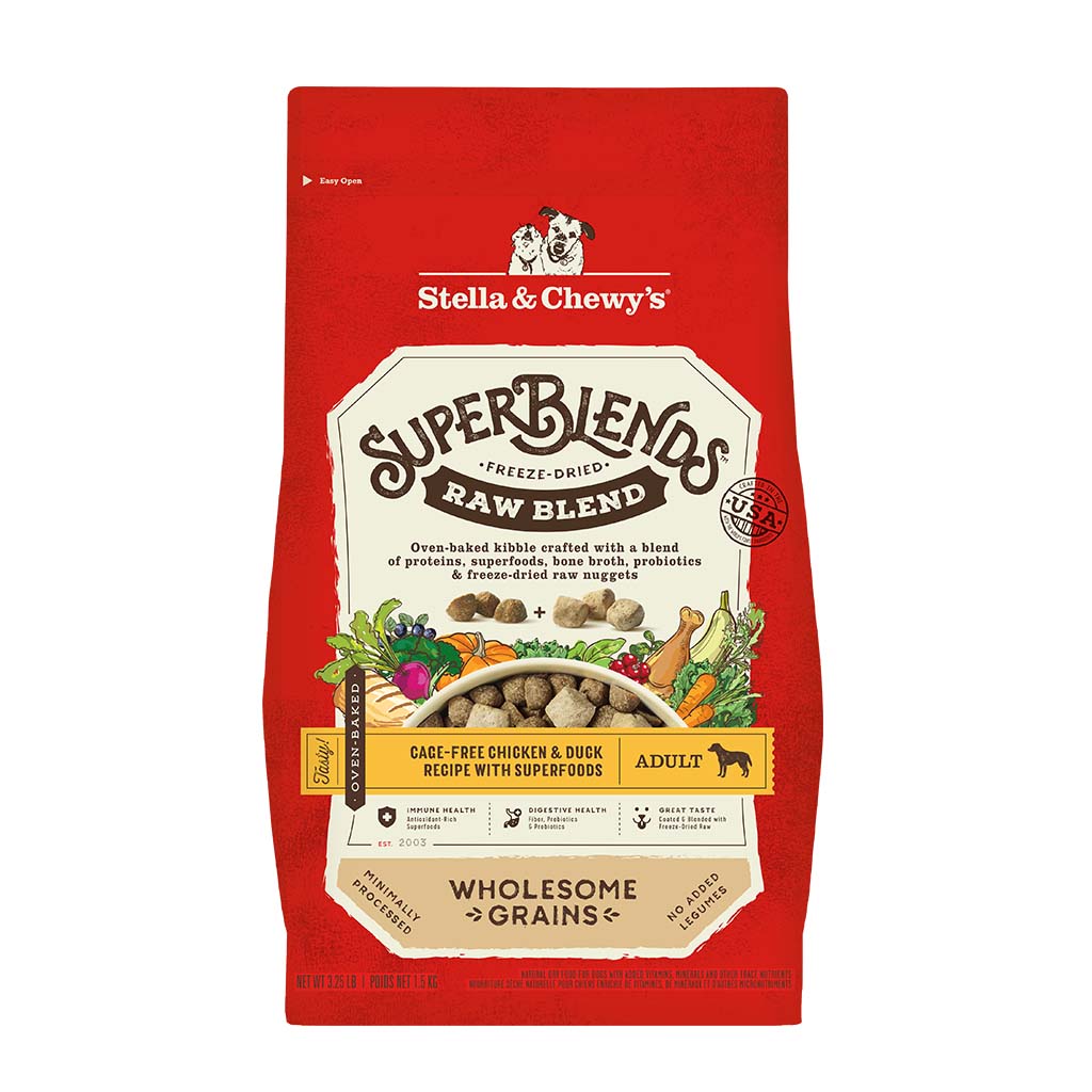 Stella & Chewy's SuperBlends Freeze-Dried Raw Blend Oven Baked Kibble | Cage-Free Chicken & Duck Recipe with Superfoods | Dry Dog Food With Wholesome Grains | Packaging Front