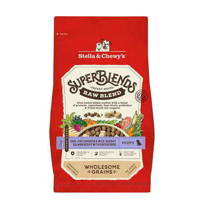 Stella & Chewy's SuperBlends Freeze-Dried Raw Blend Oven Baked Kibble | Cage-Free Chicken & Wild-Caught Salmon Recipe with Superfoods for Puppies | Puppy Dry Dog Food With Wholesome Grains | Packaging Front