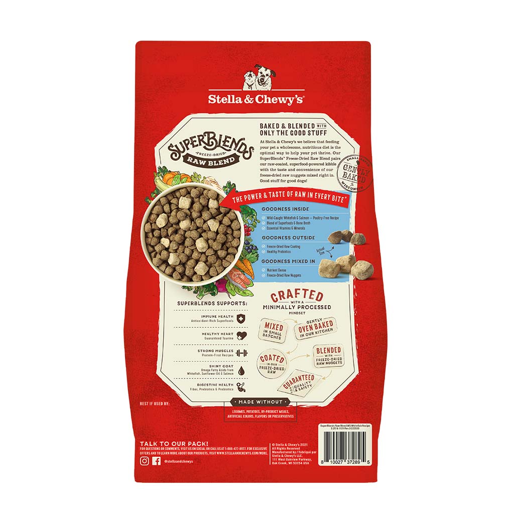 Stella & Chewy's SuperBlends Freeze-Dried Raw Blend Oven Baked Kibble | Wild-Caught Whitefish & Salmon Recipe with Superfoods | Dry Dog Food With Wholesome Grains | Packaging Back