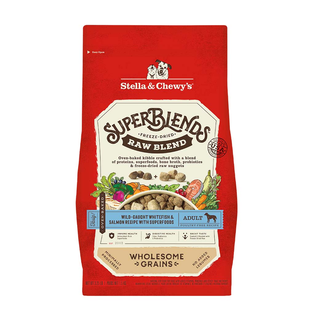 Stella & Chewy's SuperBlends Freeze-Dried Raw Blend Oven Baked Kibble | Wild Caught Whitefish & Salmon Recipe with Superfoods | Dry Dog Food With Wholesome Grains | Packaging Front