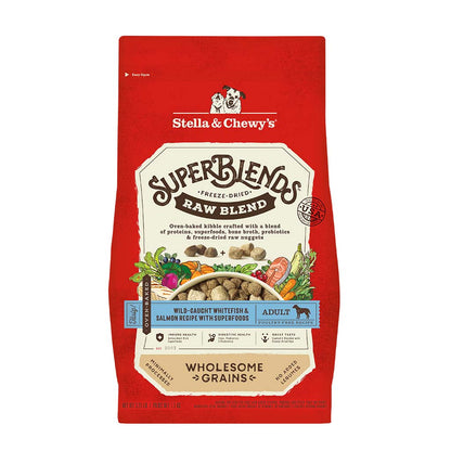 Stella & Chewy's SuperBlends Freeze-Dried Raw Blend Oven Baked Kibble | Wild Caught Whitefish & Salmon Recipe with Superfoods | Dry Dog Food With Wholesome Grains | Packaging Front