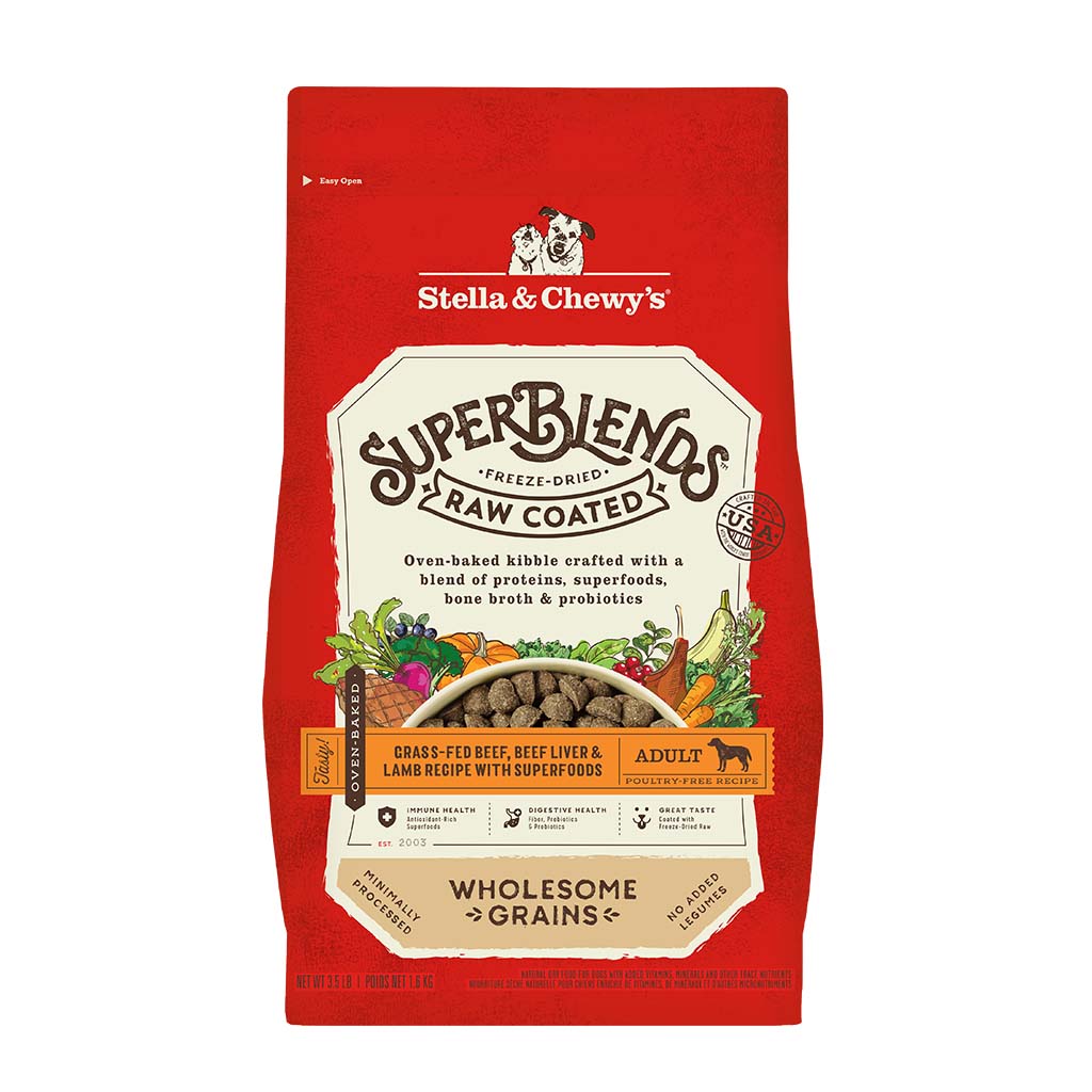 Stella & Chewy's SuperBlends Freeze-Dried Raw Coated Oven Baked Kibble | Grass-Fed Beef, Beef Liver & Lamb Recipe with Superfoods | Dry Dog Food With Wholesome Grains | Packaging Front