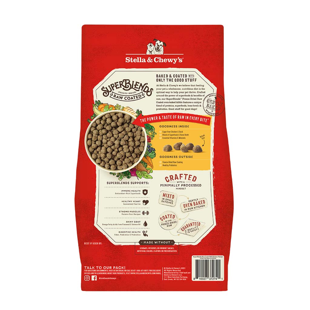 Stella & Chewy's SuperBlends Freeze-Dried Raw Coated Oven Baked Kibble | Cage-Free Chicken & Duck Recipe with Superfoods | Dry Dog Food With Wholesome Grains | Packaging Back