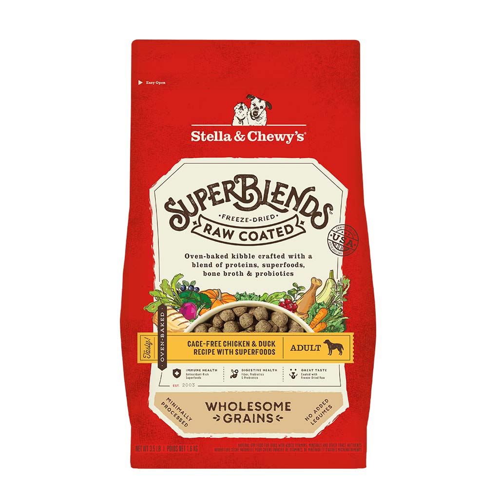 Stella & Chewy's SuperBlends Freeze-Dried Raw Coated Oven Baked Kibble | Cage-Free Chicken & Duck Recipe with Superfoods | Dry Dog Food With Wholesome Grains | Packaging Front