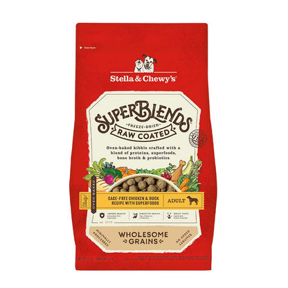 Stella & Chewy's SuperBlends Freeze-Dried Raw Coated Oven Baked Kibble | Cage-Free Chicken & Duck Recipe with Superfoods | Dry Dog Food With Wholesome Grains | Packaging Front