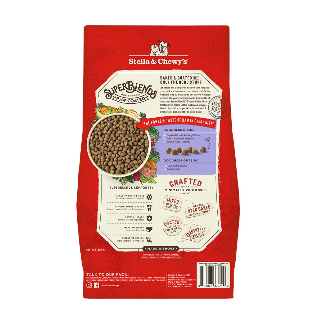 Stella & Chewy's SuperBlends Freeze-Dried Raw Coated Oven Baked Kibble | Cage-Free Chicken & Wild Caught Salmon Recipe with Superfoods for Puppies | Puppy Dry Dog Food With Wholesome Grains | Packaging Back