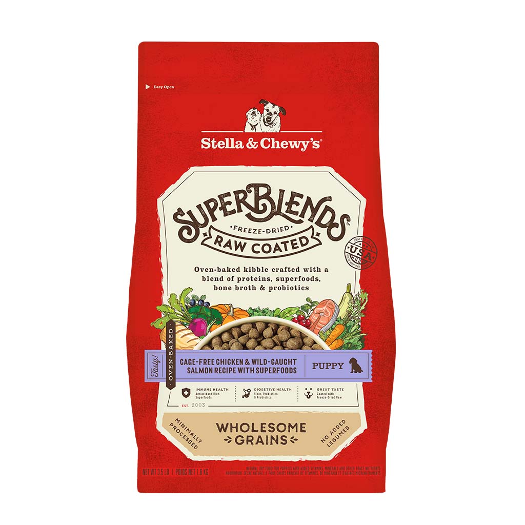 Stella & Chewy's SuperBlends Freeze-Dried Raw Coated Oven Baked Kibble | Cage-Free Chicken & Wild Caught Salmon Recipe with Superfoods for Puppies | Puppy Dry Dog Food With Wholesome Grains | Packaging Front