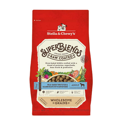 Stella & Chewy's SuperBlends Freeze-Dried Raw Coated Oven Baked Kibble | Wild Caught Whitefish & Salmon Recipe with Superfoods | Dry Dog Food With Wholesome Grains | Packaging Front