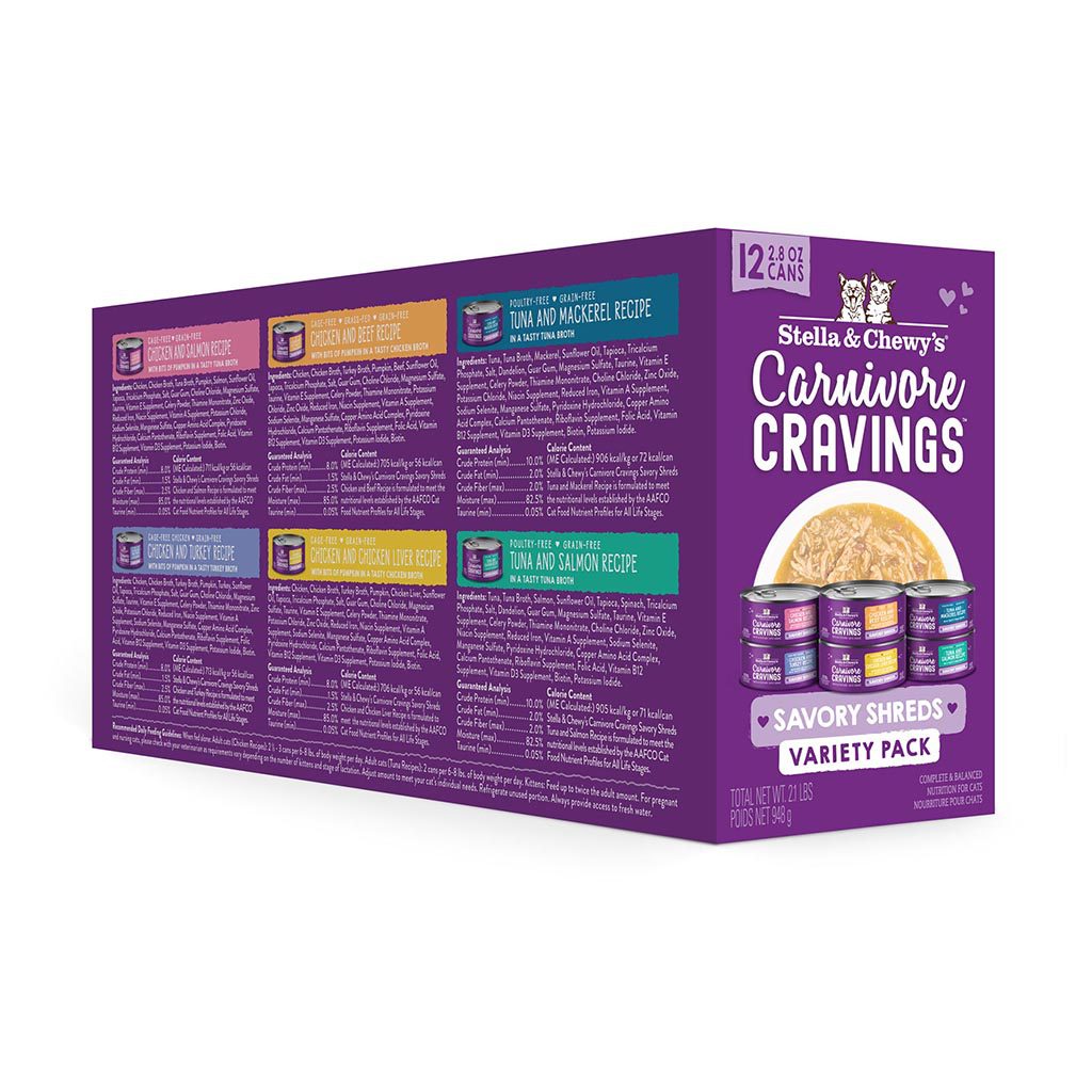 Carnivore Cravings Savory Shreds 2.8 oz Canned Variety Pack - Packaging Back