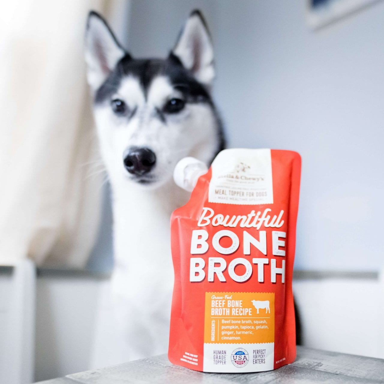 Husky posing with a pouch of Bountiful Bone Borth Beef Recipe