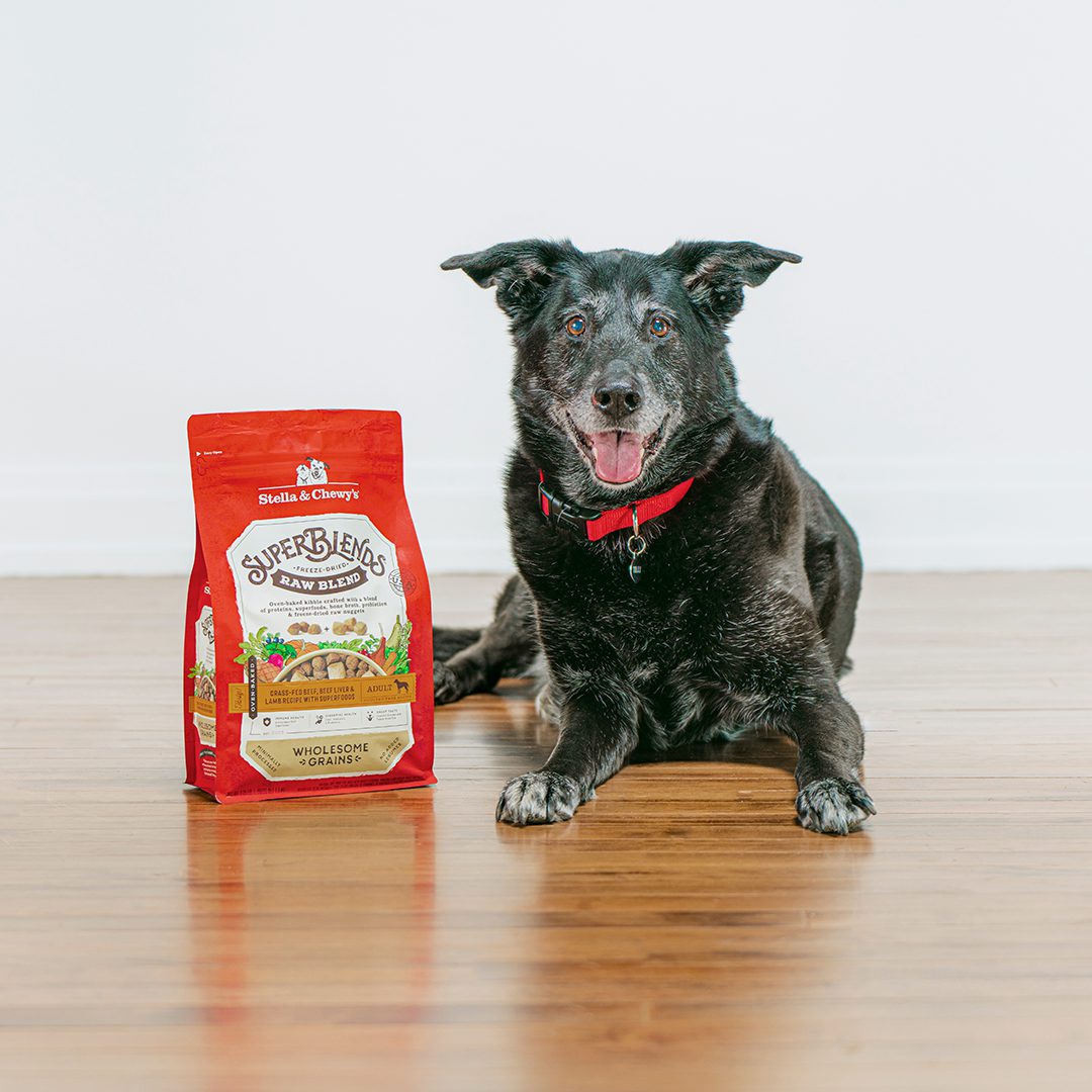 Black & gray dog next to a bag of SuperBlends Raw Blend Beef, Beef Liver & Lamb Recipe